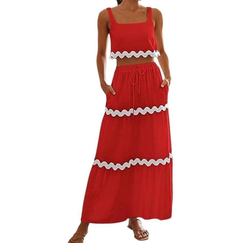 New Women's Maxi Dress Summer Two Piece Red Casual Outfit Skirt Set Size L